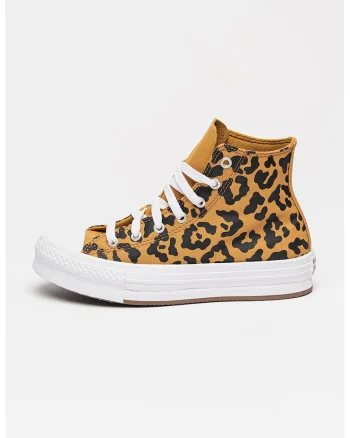 Tenisi mid-high din panza cu talpa flatform si model animal print Chuck Taylor All Star, Negru/Maro camel