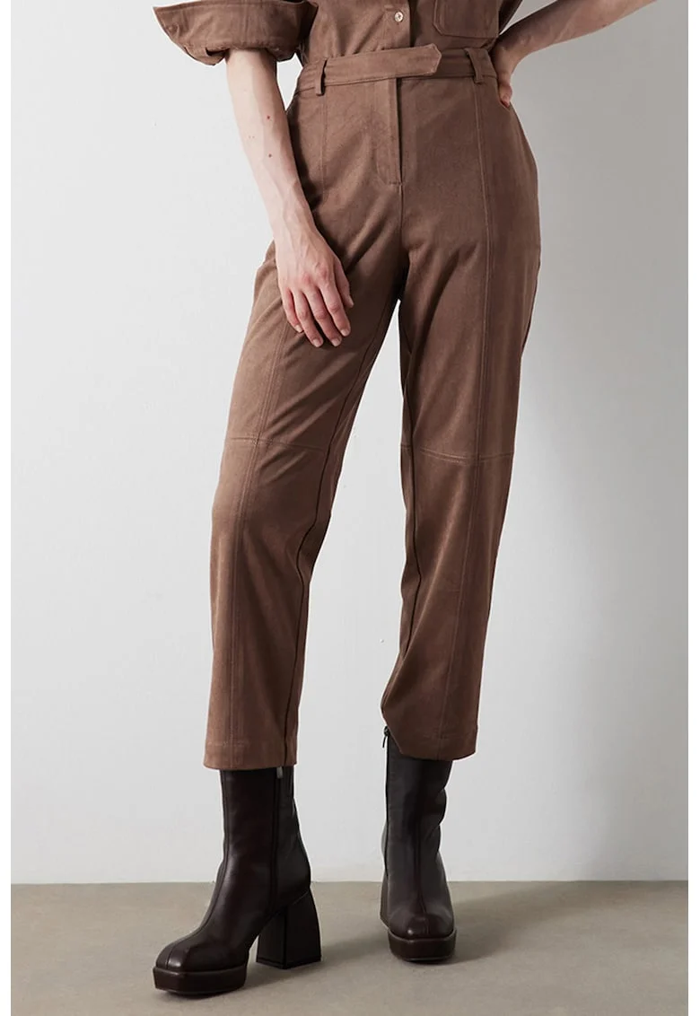 Pantaloni drepti cu talie inalta, Maro pamantiu