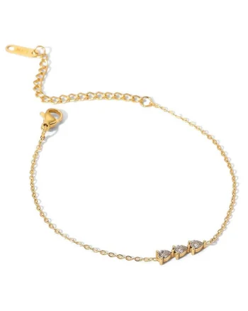 Bratara dama din otel inoxidabil, placata PVD cu aur 18K, cu pandantiv trei picaturi si pietre zirconiu cubic, reglabila 16.5 + 5 cm