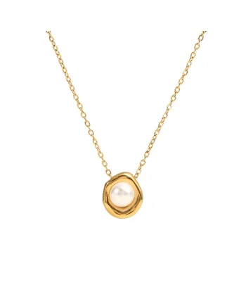Colier dama Vintage Pearl din otel inoxidabil, placat PVD cu aur 18K, cu pandantiv perla artificiala, lungime 40 + 5 cm