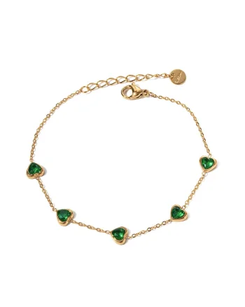 Bratara dama din otel inoxidabil, placata PVD cu aur 18K, decorata cu pietre verzi in forma de inima, reglabila 17.5 + 3 cm