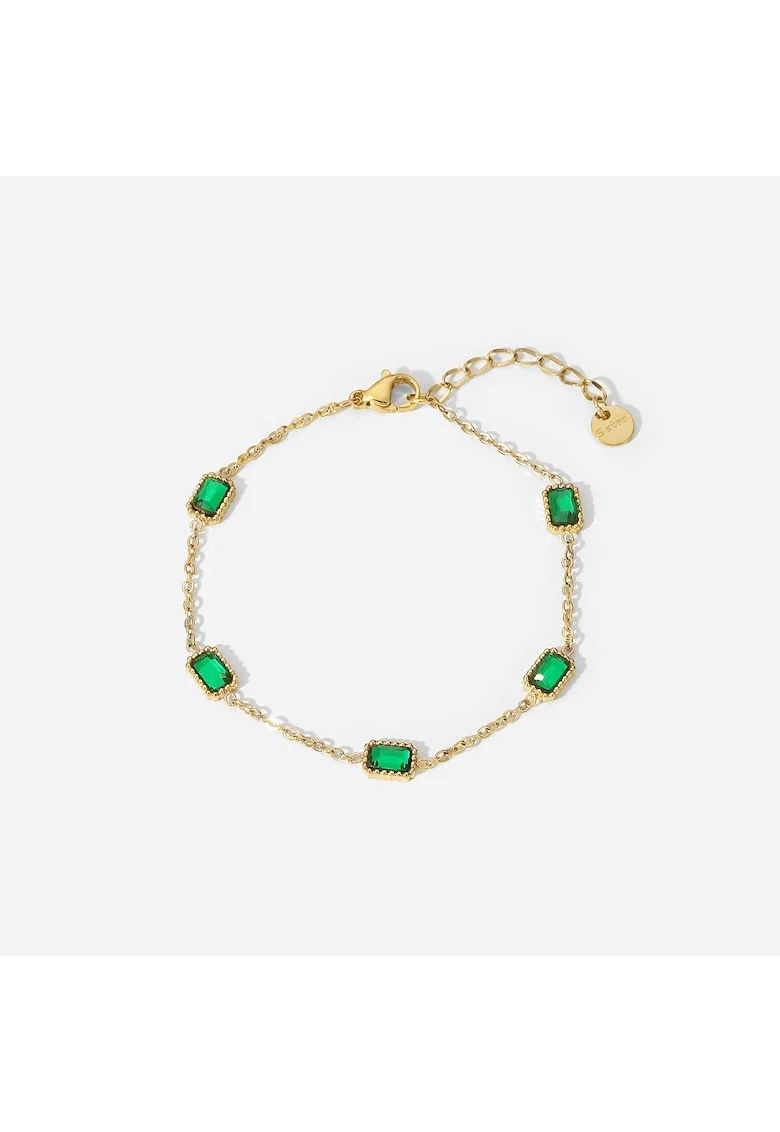 Bratara dama din otel inoxidabil, placata PVD cu aur 18K, decorata cu pietre verzi in forma dreptunghiulara, reglabila 17 + 3 cm