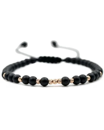 Bratara cu 9 bile de Aur 14k si pietre semipretioase Onix mat, Ajustabila