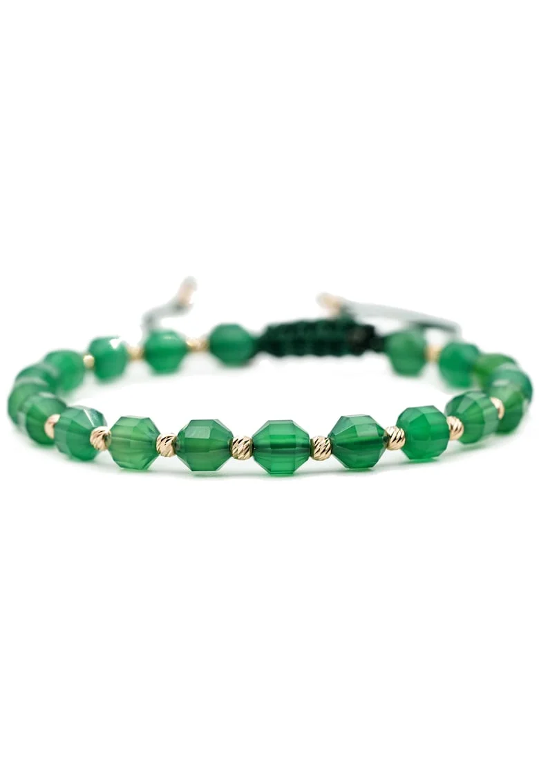 Bratara cu 20 de bile de Aur 14k si pietre semipretioase Agat verde, Ajustabila