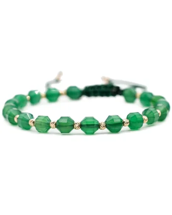 Bratara cu 20 de bile de Aur 14k si pietre semipretioase Agat verde, Ajustabila