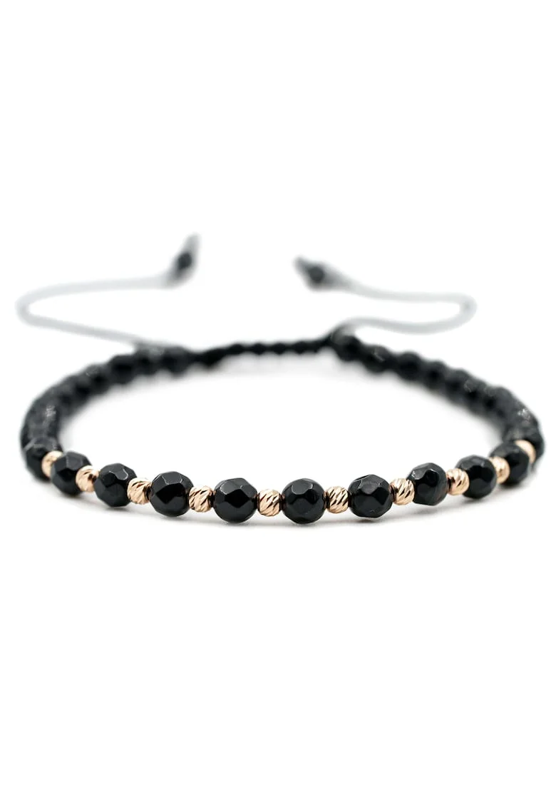 Bratara cu 10 bile de Aur 14k si pietre semipretioase Onix negru fatetat, Ajustabila