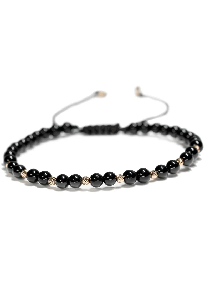 Bratara cu 10 bile de Aur 14k si pietre semipretioase Onix negru sfere, Ajustabila
