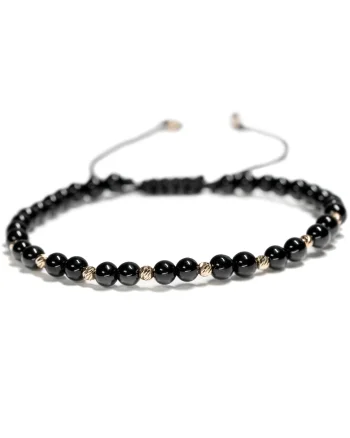 Bratara cu 10 bile de Aur 14k si pietre semipretioase Onix negru sfere, Ajustabila