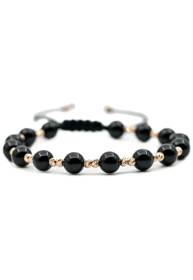 Bratara cu 30 de bile de Aur 14k si pietre semipretioase Onix negru Ajustabila, Negru