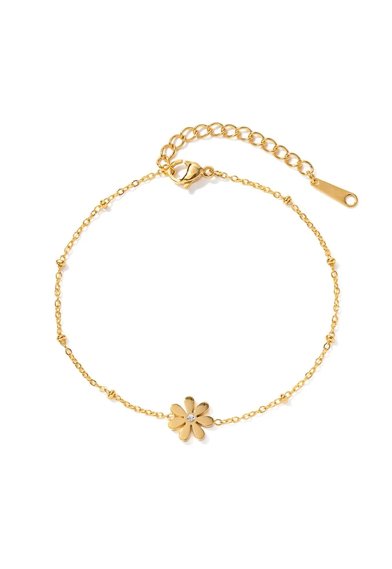 Bratara dama din otel inoxidabil, placata PVD cu aur 18K, cu pandantiv floare si piatra zirconiu cubic, reglabila 16.5 + 3.5 cm