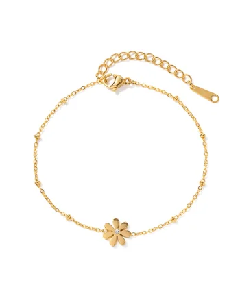 Bratara dama din otel inoxidabil, placata PVD cu aur 18K, cu pandantiv floare si piatra zirconiu cubic, reglabila 16.5 + 3.5 cm