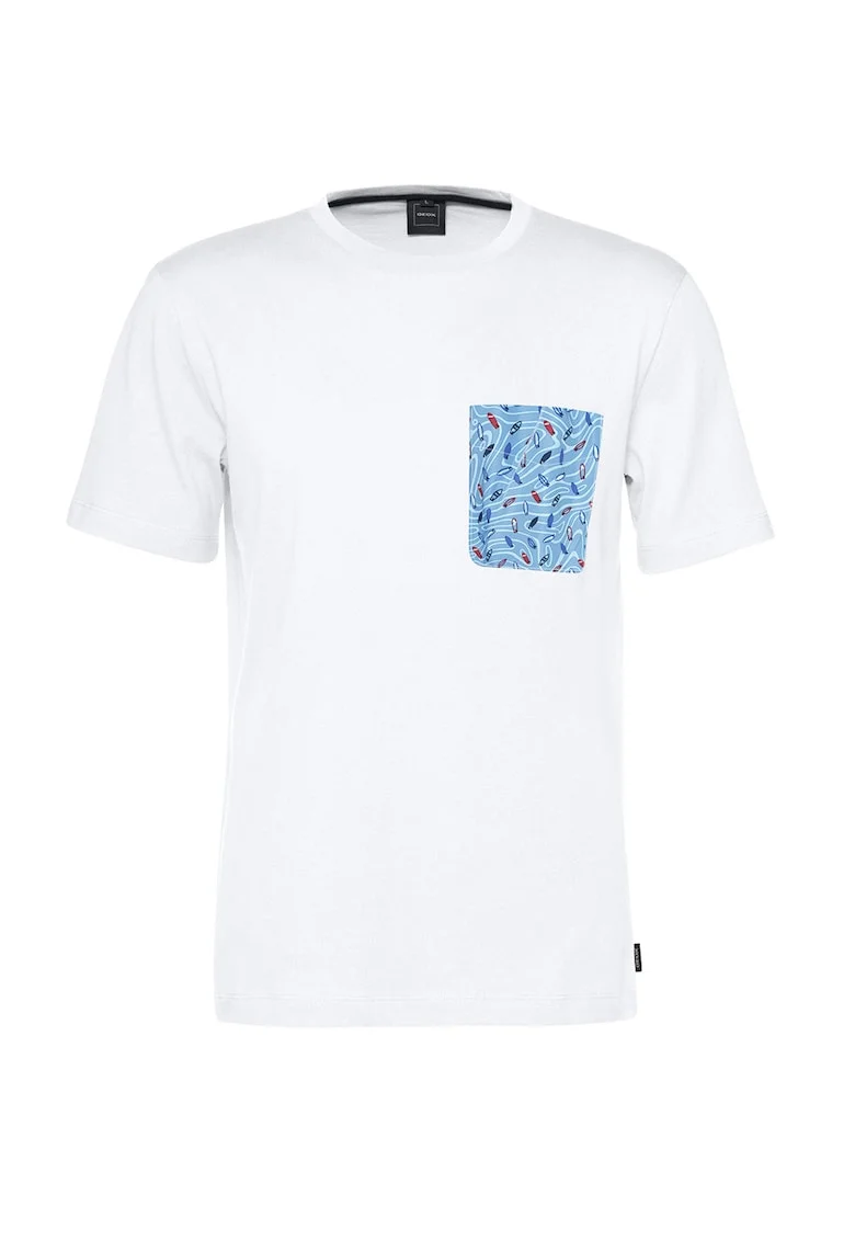 Tricou cu imprimeu grafic si buzunar aplicat, Alb optic