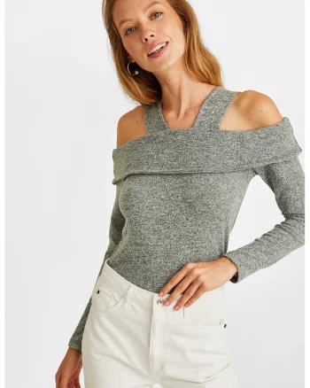 Pulover slim fit cu decupaje pe umeri, Verde melange