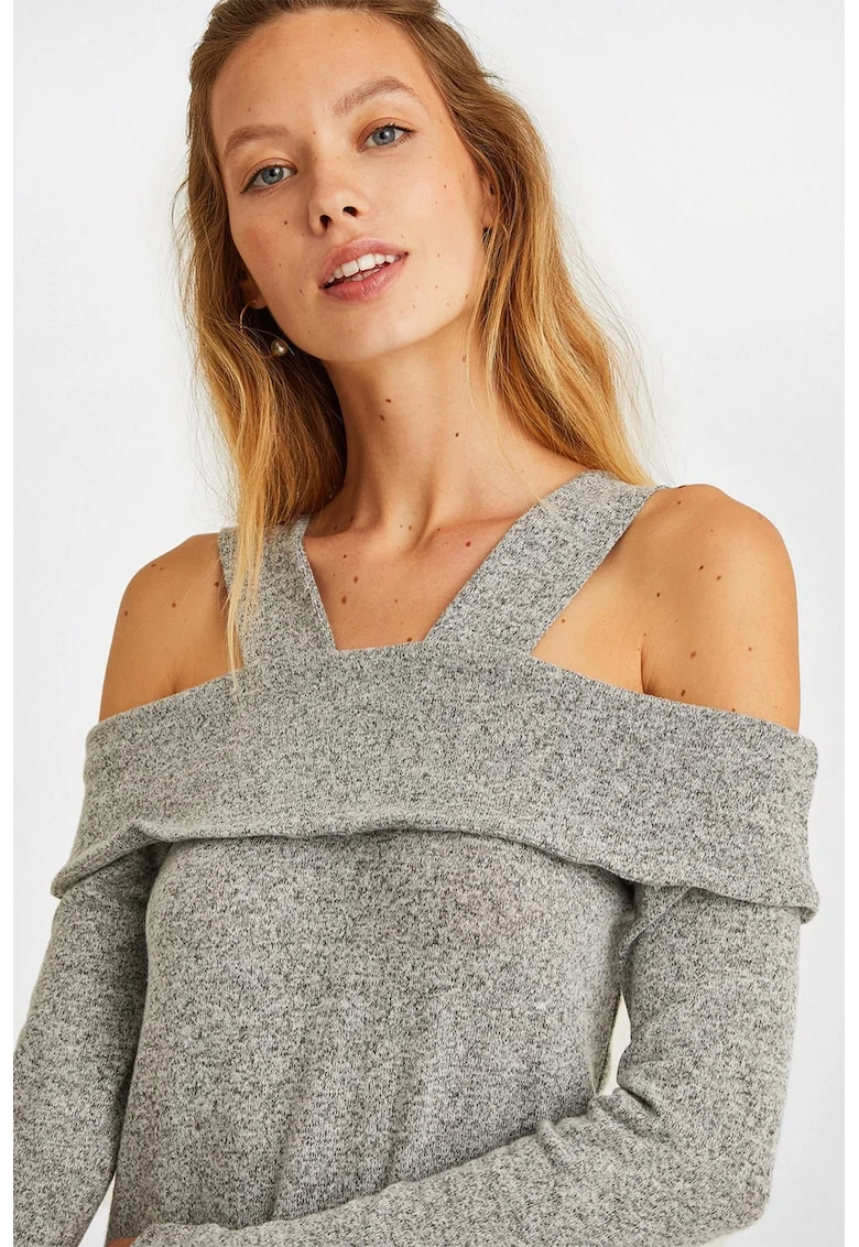 Pulover slim fit cu decupaje pe umeri, Gri inchis melange