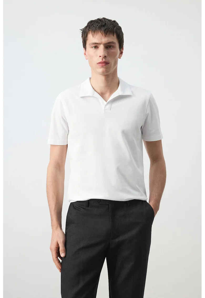 Tricou pique polo cu croiala slim-fit, Alb