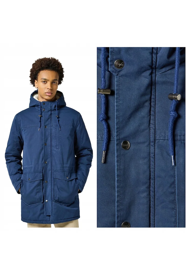 Jacheta Barbati,  Heavy Puffer, Regular Fit, Design Clasic, Cu Gluga, Fermoar, Bumbac, Albastru, Albastru