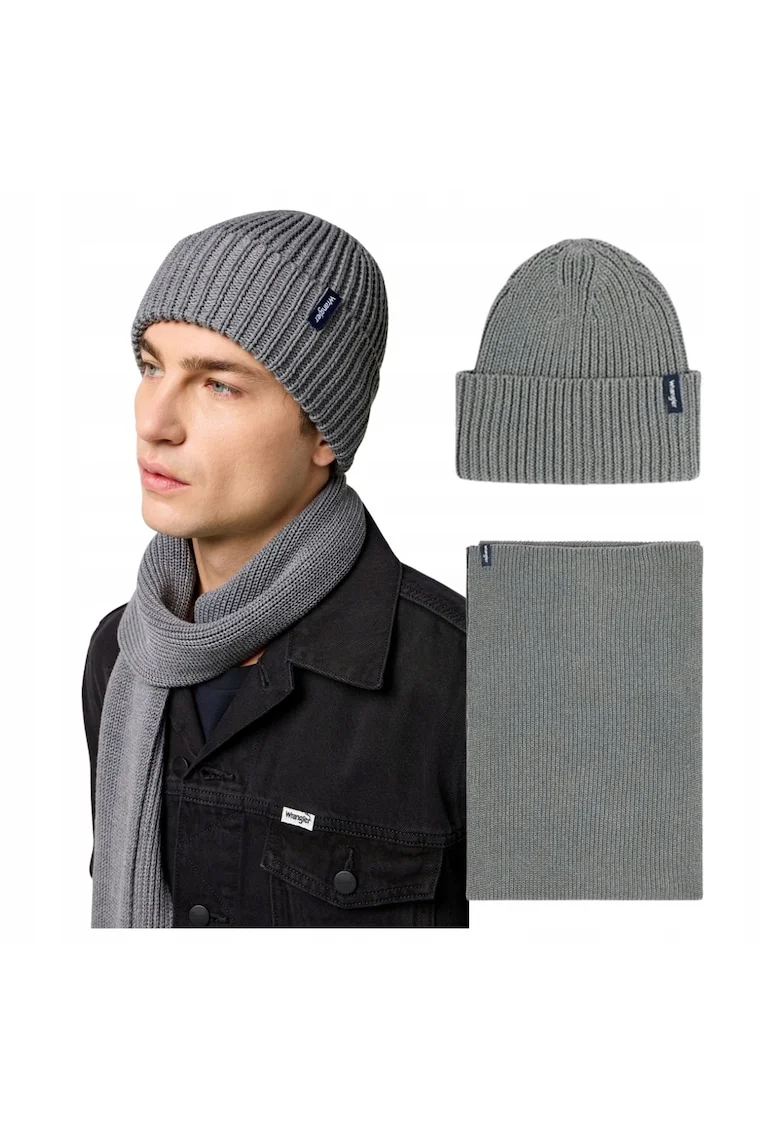 Set Caciula Si Esarfa Barbati,  Scarf Beanie Set, Regular Fit, Caldura Si Confortabila, Design Clasic, Cu Logo, Bumbac, One Size, Gri