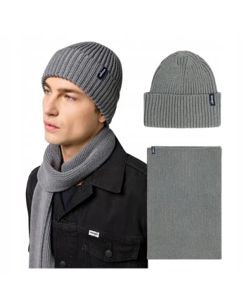 Set Caciula Si Esarfa Barbati,  Scarf Beanie Set, Regular Fit, Caldura Si Confortabila, Design Clasic, Cu Logo, Bumbac, One Size, Gri