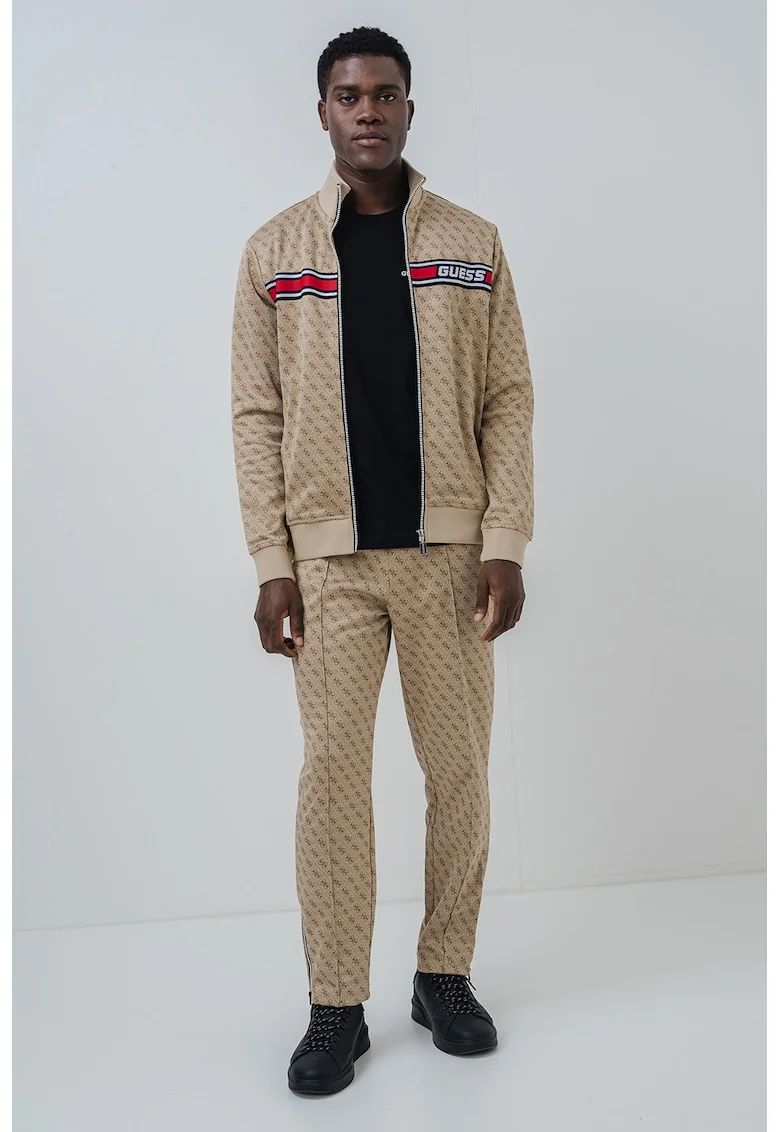 Bluza de trening cu guler mediu, monograma si fermoar, Rosu inchis/Maro camel