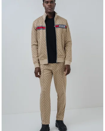 Bluza de trening cu guler mediu, monograma si fermoar, Rosu inchis/Maro camel