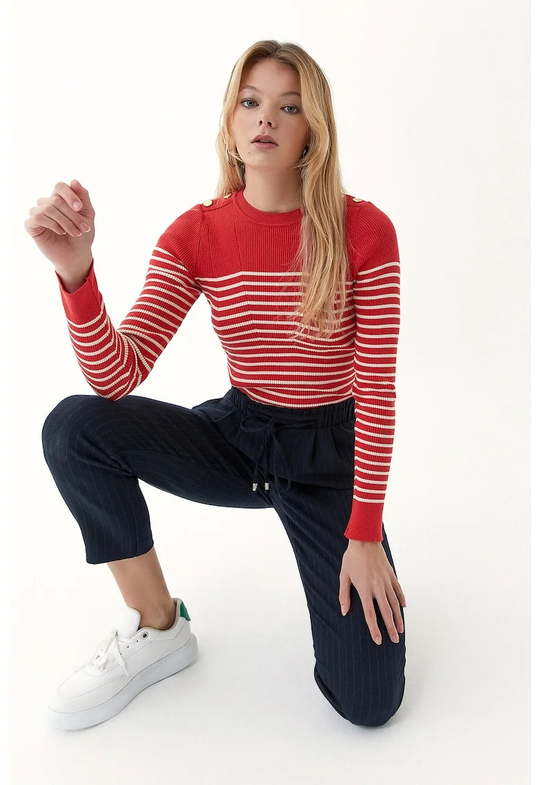 Pulover din amestec de modal si bumbac cu model in dungi, Alb/Rosu vermillion