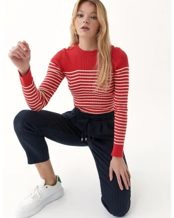 Pulover din amestec de modal si bumbac cu model in dungi, Alb/Rosu vermillion