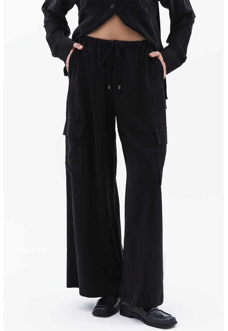 Pantaloni cargo din lyocell cu snur in talie, Negru