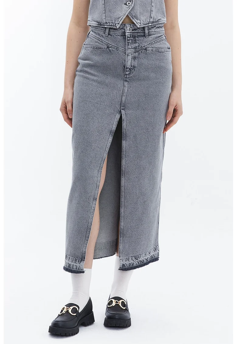 Fusta din denim cu slit pe partea din fata, Albastru melange