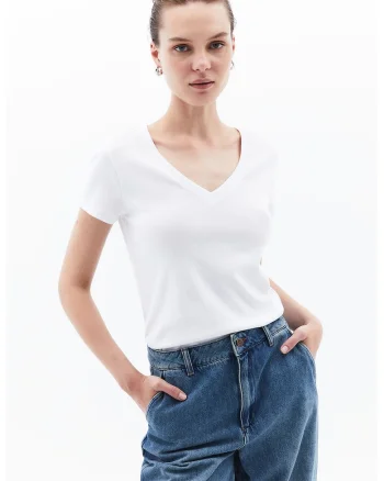 Tricou din bumbac cu decolteu in V, Alb optic