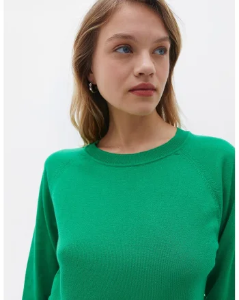 Pulover tricotat fin cu decolteu la baza gatului, Verde aquamarin