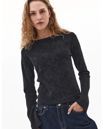 Bluza cu decolteu barcuta si model tie-dye, Negru stins
