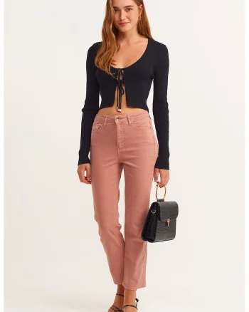 Pantaloni crop cu croiala dreapta, Roz prafuit