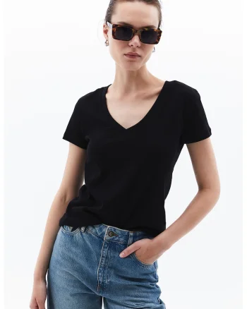 Tricou din bumbac cu decolteu in V, Negru