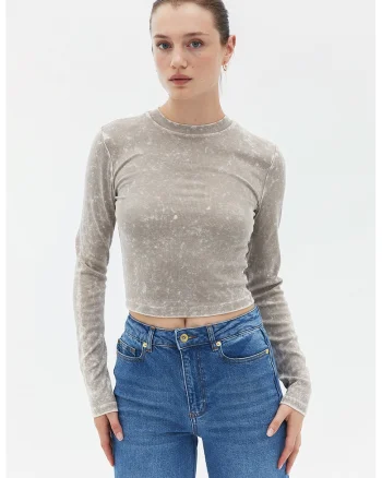 Bluza straiata cu croiala slim-fit si aspect decolorat, Maro taupe deschis