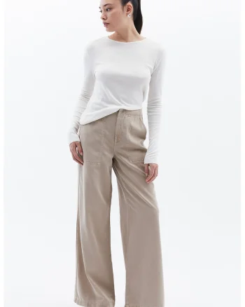 Pantaloni din amestec de lyocell cu croiala ampla si talie inalta, Bej deschis