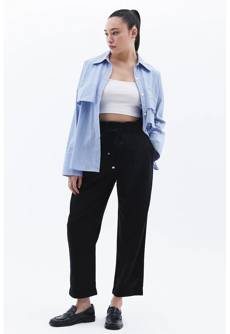 Pantaloni relaxed fit din amestec de lyocell cu snur de ajustare in talie, Negru