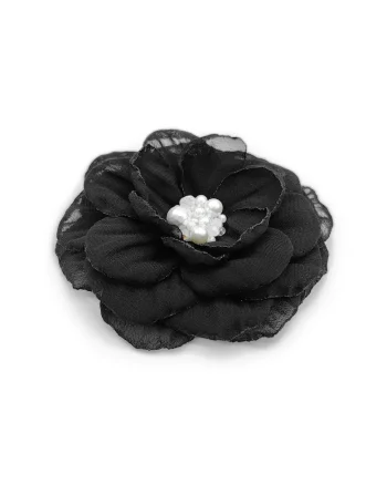 Brosa eleganta floare,  Karina, voal negru, 8.5 cm, mijloc alb cu perle si cristale