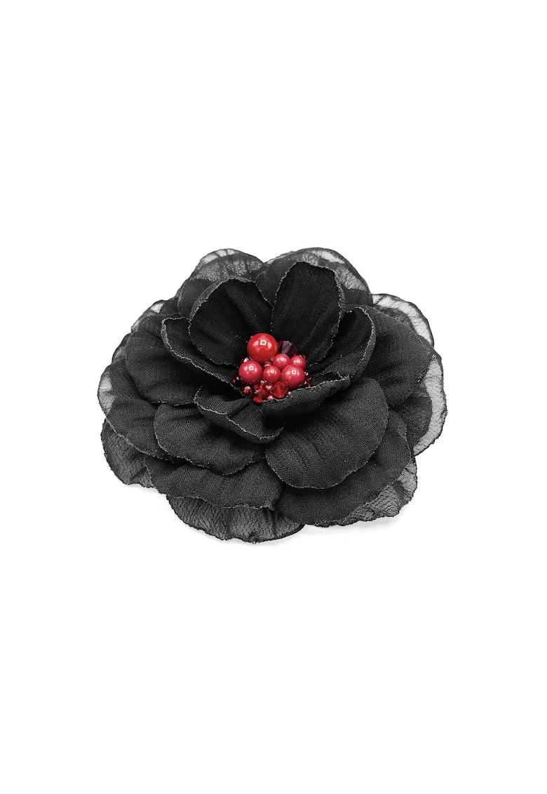 Brosa eleganta floare,  Ania, voal negru, 8.5 cm, mijloc rosu cu perle si cristale
