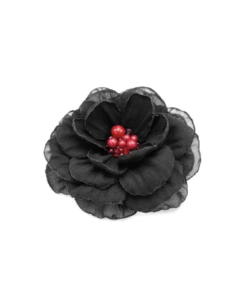 Brosa eleganta floare,  Ania, voal negru, 8.5 cm, mijloc rosu cu perle si cristale