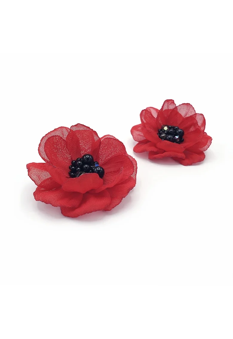 Cercei floare cu clips,  Ruby, voal rosu, mijloc perle si cristale negre