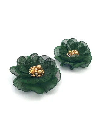 Cercei floare cu clips,  Olivia, voal verde, mijloc perle si cristale aurii