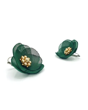 Cercei floare,  Eliza, voal verde, mijloc perle aurii, tortite inox