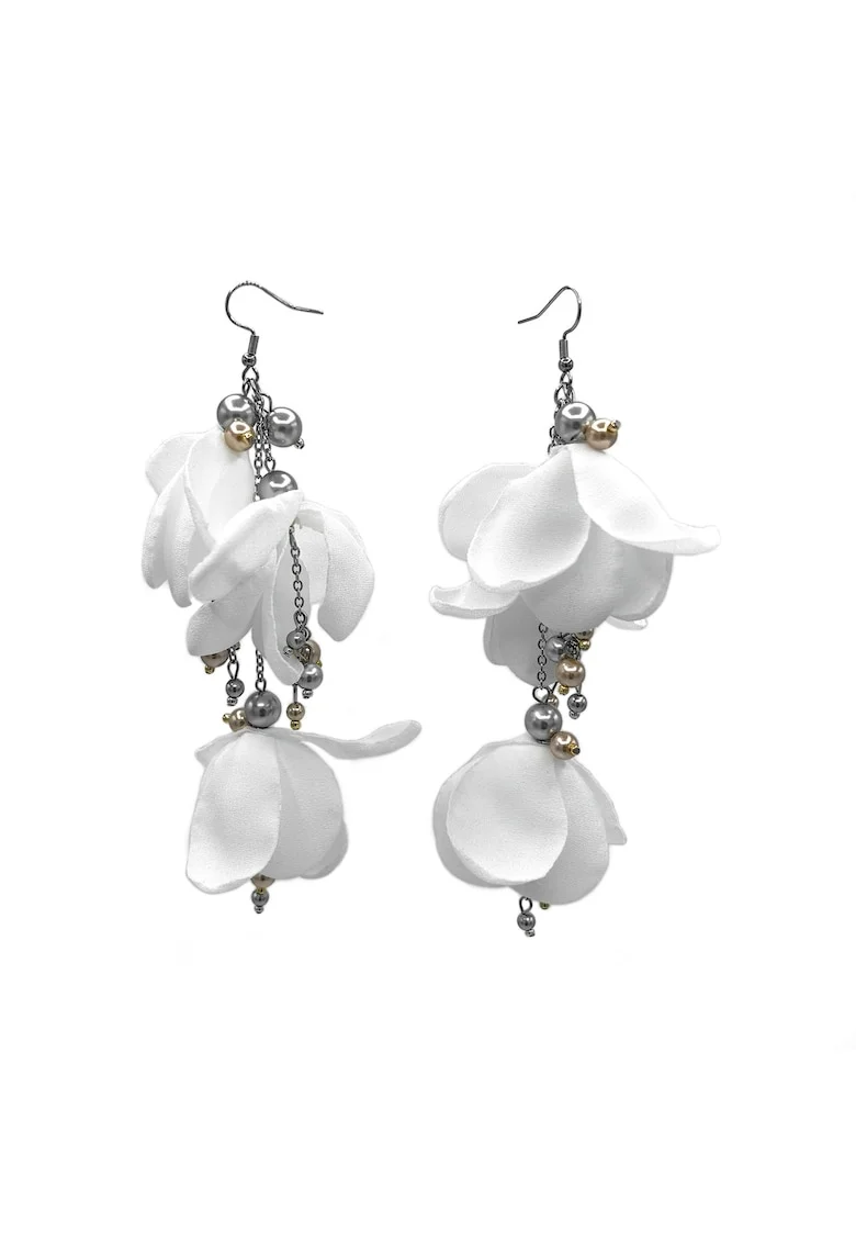 Cercei lungi voluminosi cu flori,  Lovely, voal alb, perle si inox
