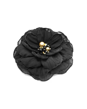 Brosa eleganta floare,  Irina, voal negru, 8.5 cm, mijloc negru cu auriu cu perle si cristale