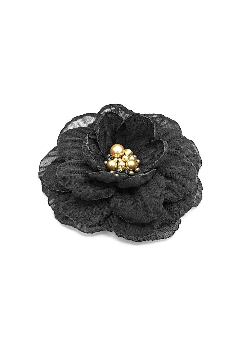 Brosa eleganta floare,  Mabel, voal negru, 8.5 cm, mijloc auriu cu perle si cristale