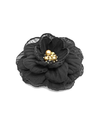 Brosa eleganta floare,  Mabel, voal negru, 8.5 cm, mijloc auriu cu perle si cristale