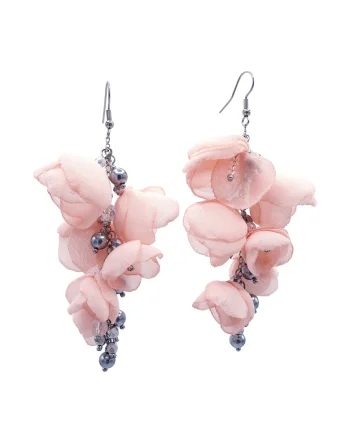 Cercei lungi statement, Zia Fashion, flori din voal, perle Mallorca si inox, handmade