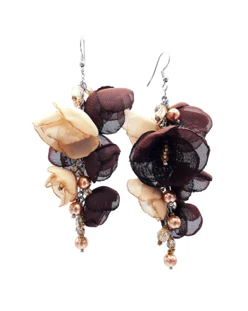 Cercei lungi statement, Zia Fashion, flori din voal, perle Mallorca si inox, handmade