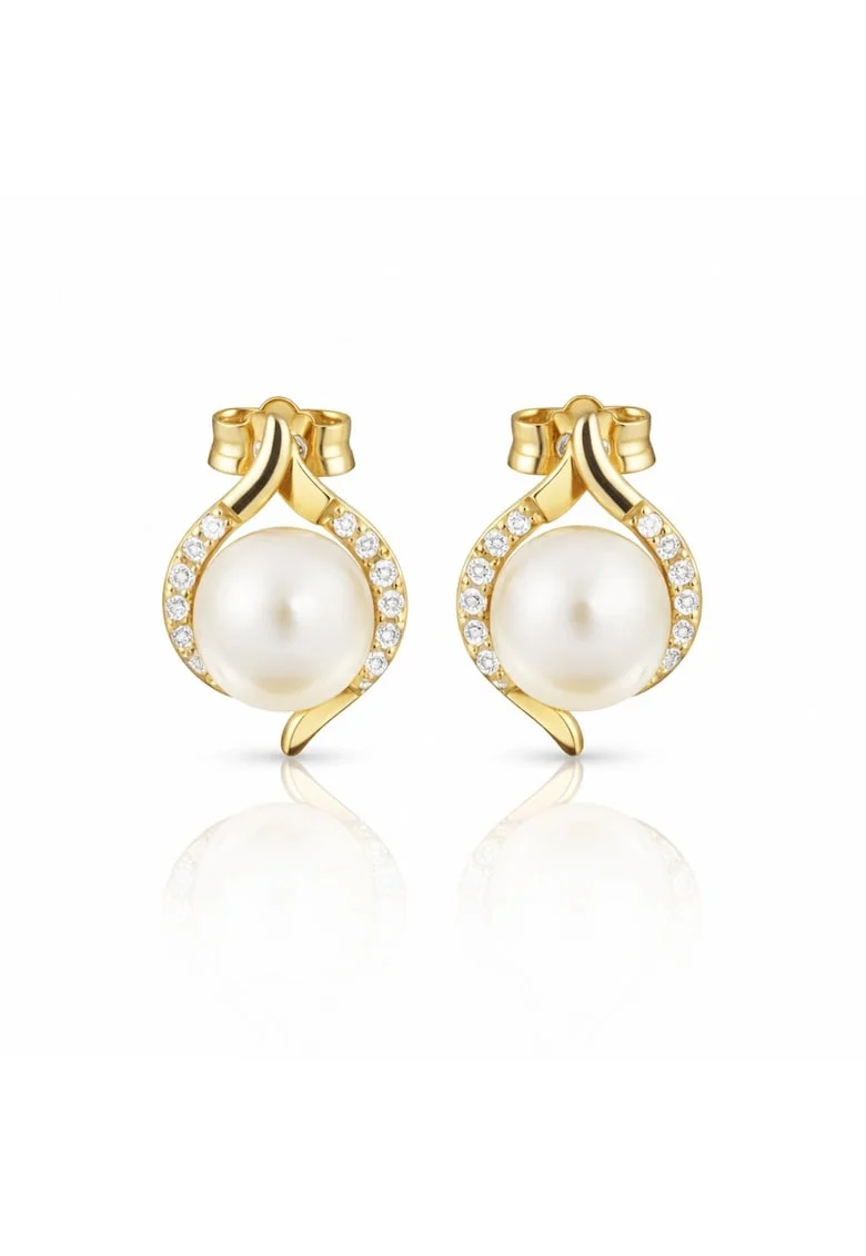Cercei din Aur Galben de 14K cu Perle Naturale si Zirconia