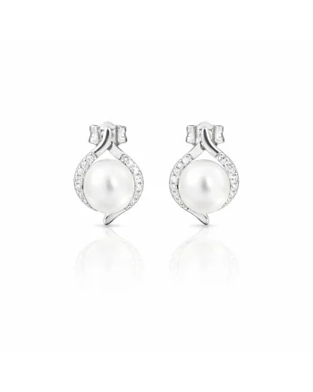 Cercei din aur alb 14K cu perle naturale si zirconia, 1, 5 cm, set disponibil